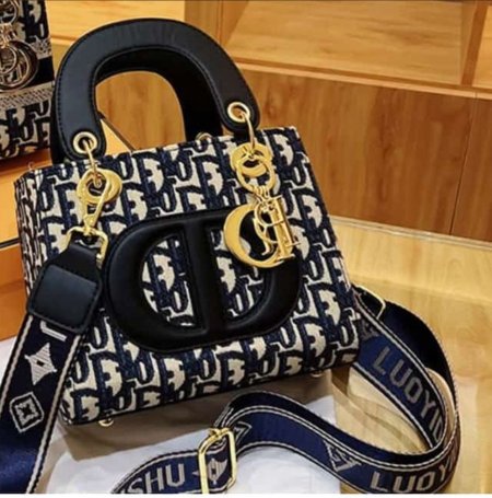 حقيبة نسائية فاخرة بتصميم أيقوني من Dior، بنقشة مميزة وشعار بارز مع تفاصيل ذهبية أنيقة. مزودة بمقبض علوي وحزام كتف عريض، مثالية للإطلالات اليومية والمناسبات بلمسة فخامة لافتة.